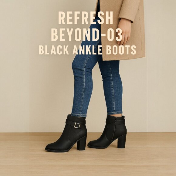 Refresh Beyond-03 Women's Laser Cut-Out Buckle Detail Chunky Heel Ankle Boots - Picture 1 of 8